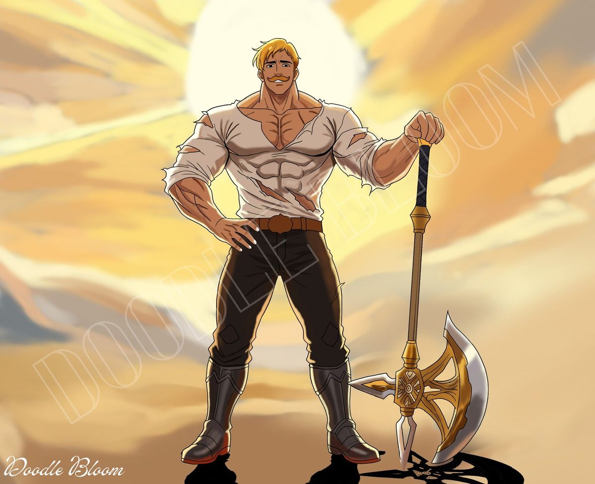 Muscular blond warrior with ornate battle axe against a golden sky