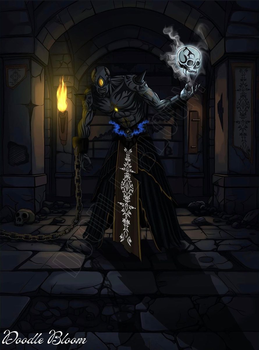 Undead sorcerer conjuring a glowing skull in a torch-lit dungeon