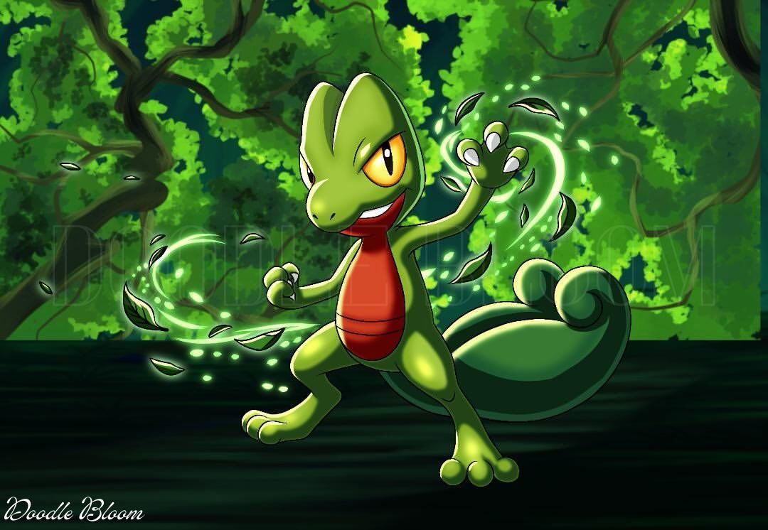 Treecko grinning in a forest, swirling glowing leaves around its claws